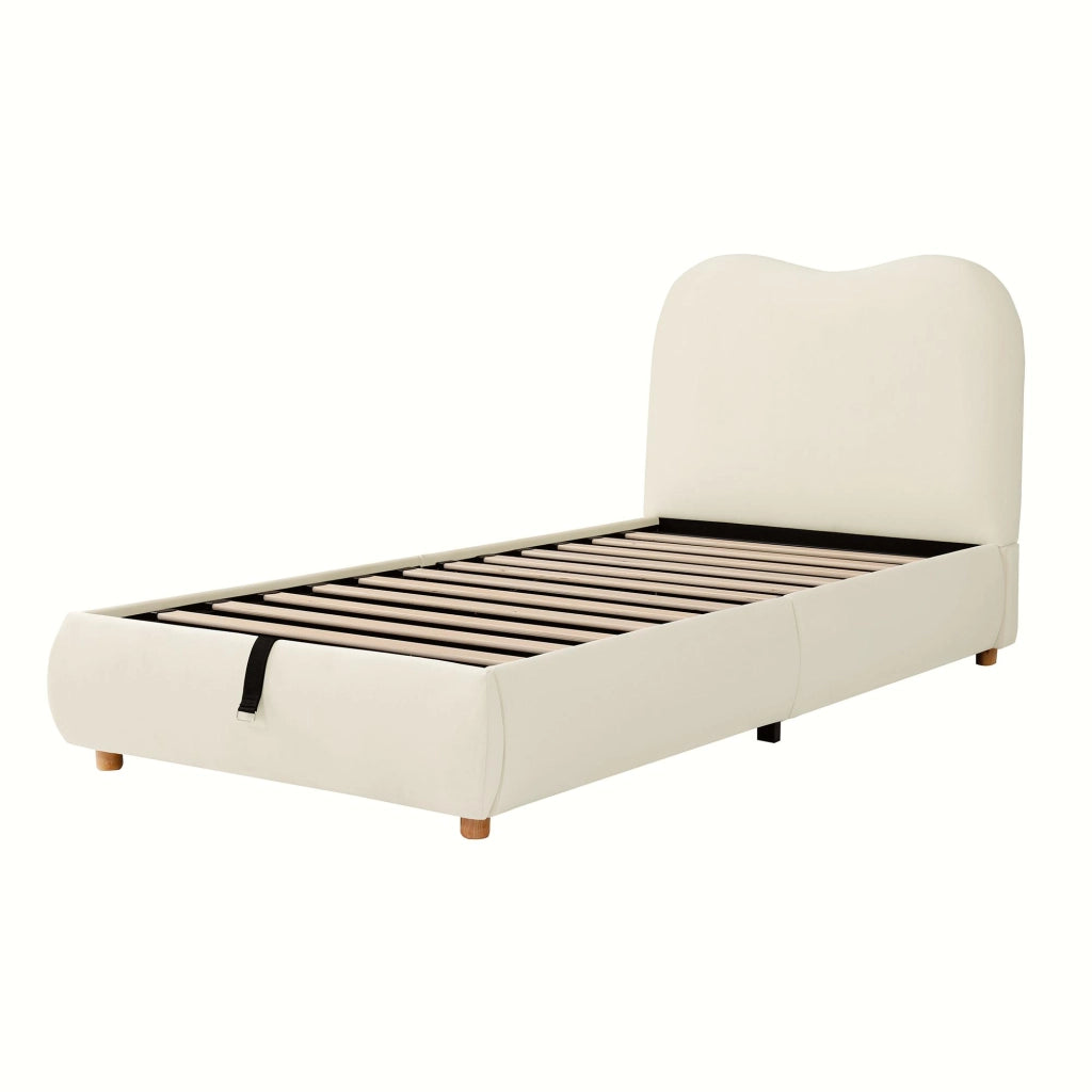 Letto per bambini imbottito in velluto beige con vano contenitore idraulico e rete a doghe inclusa