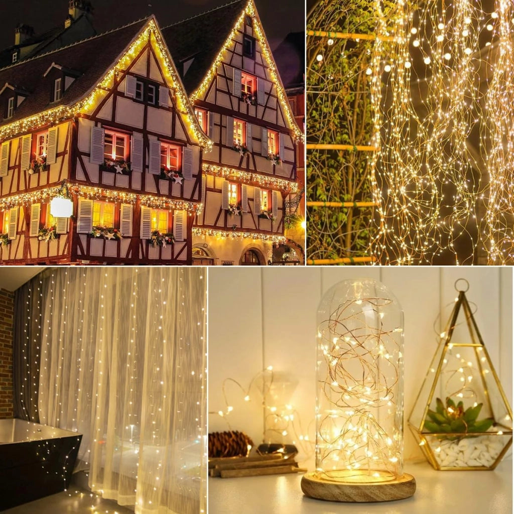 Catena luminosa a LED, set da 10 pezzi, lunghezza 3 metri, alimentazione a batteria, impermeabile, confezione da 4+6 pezzi