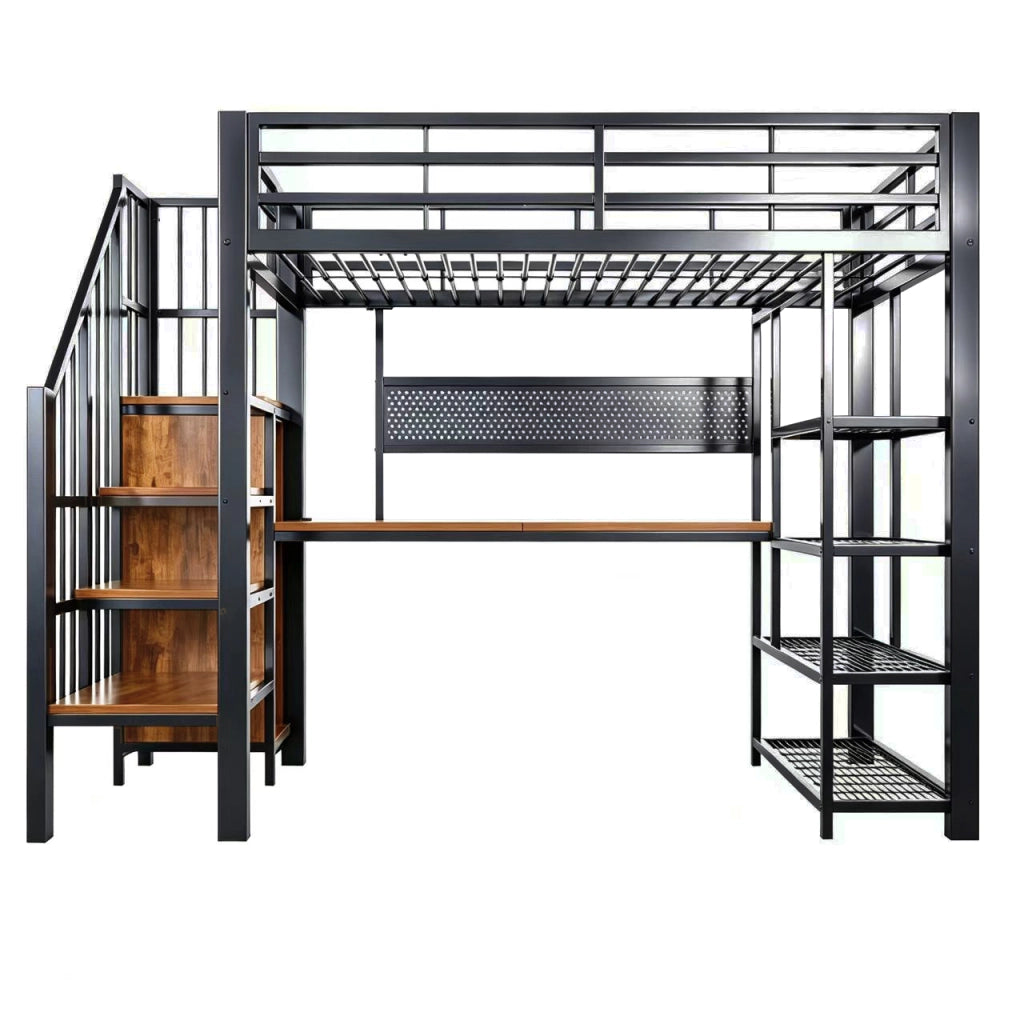 Letto a soppalco 90x200 cm con scrivania; scala contenitore; LED e prese; in metallo e legno; nero