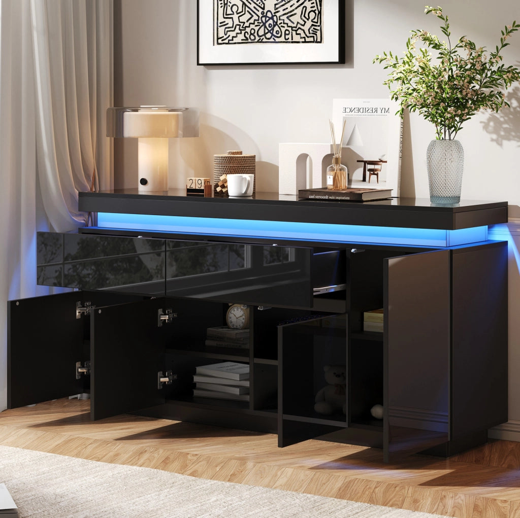 Credenza nera lucida 140 x 35 x 72,5 cm con illuminazione a LED