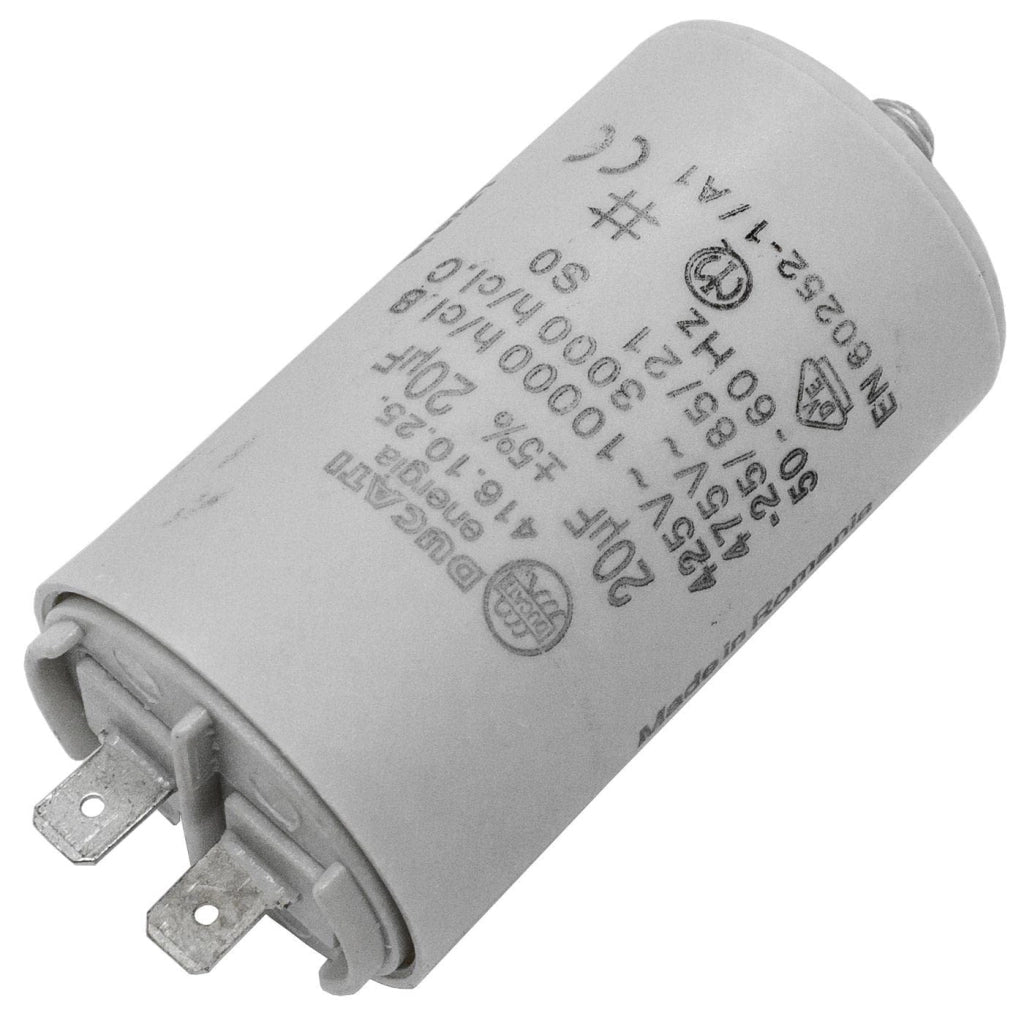 Condensatore di avviamento, capacità 20µF, tensione 400V, dimensioni 40x70mm, connettore 6,3x0,8mm