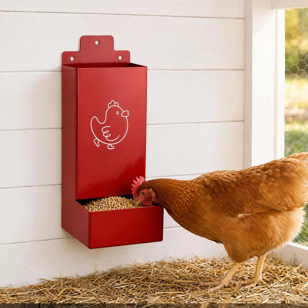 Distributore automatico per mangime per polli, set da 2, in metallo, da montare a parete, dimensioni 25x10x10 cm, colore rosso