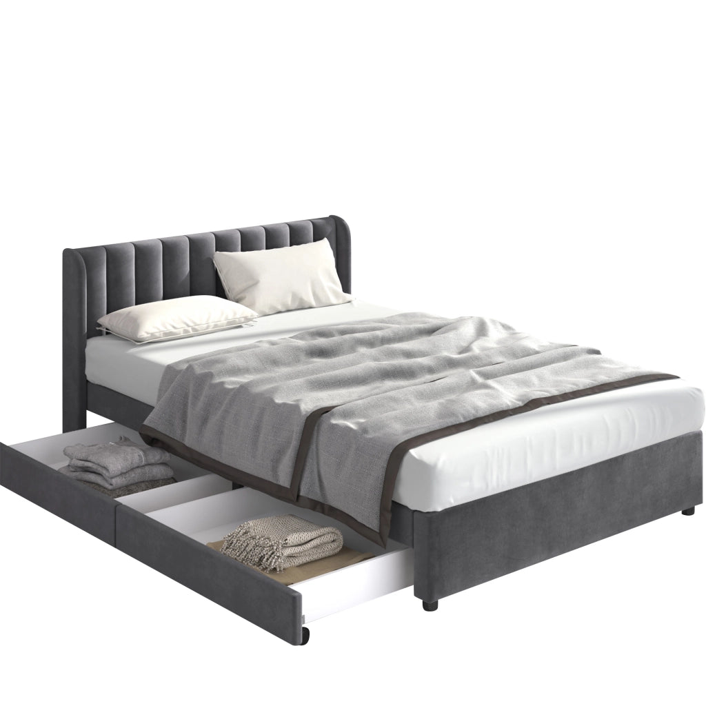Letto matrimoniale imbottito 180x200 in velluto grigio con rete a doghe e 2 cassetti
