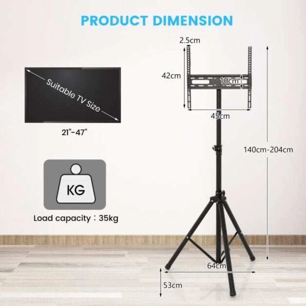 Supporto TV a treppiede da pavimento regolabile in altezza per schermi 21-47 pollici, carico 35 kg, struttura pieghevole in metallo