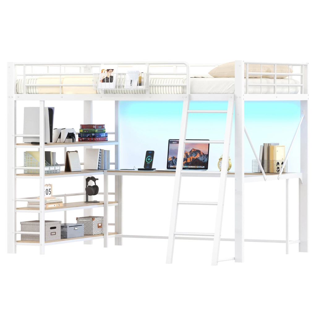 Letto a soppalco in metallo bianco 140x200 cm con scrivania integrata, scaffali, cesta portaoggetti, stazione di ricarica USB e illuminazione LED
