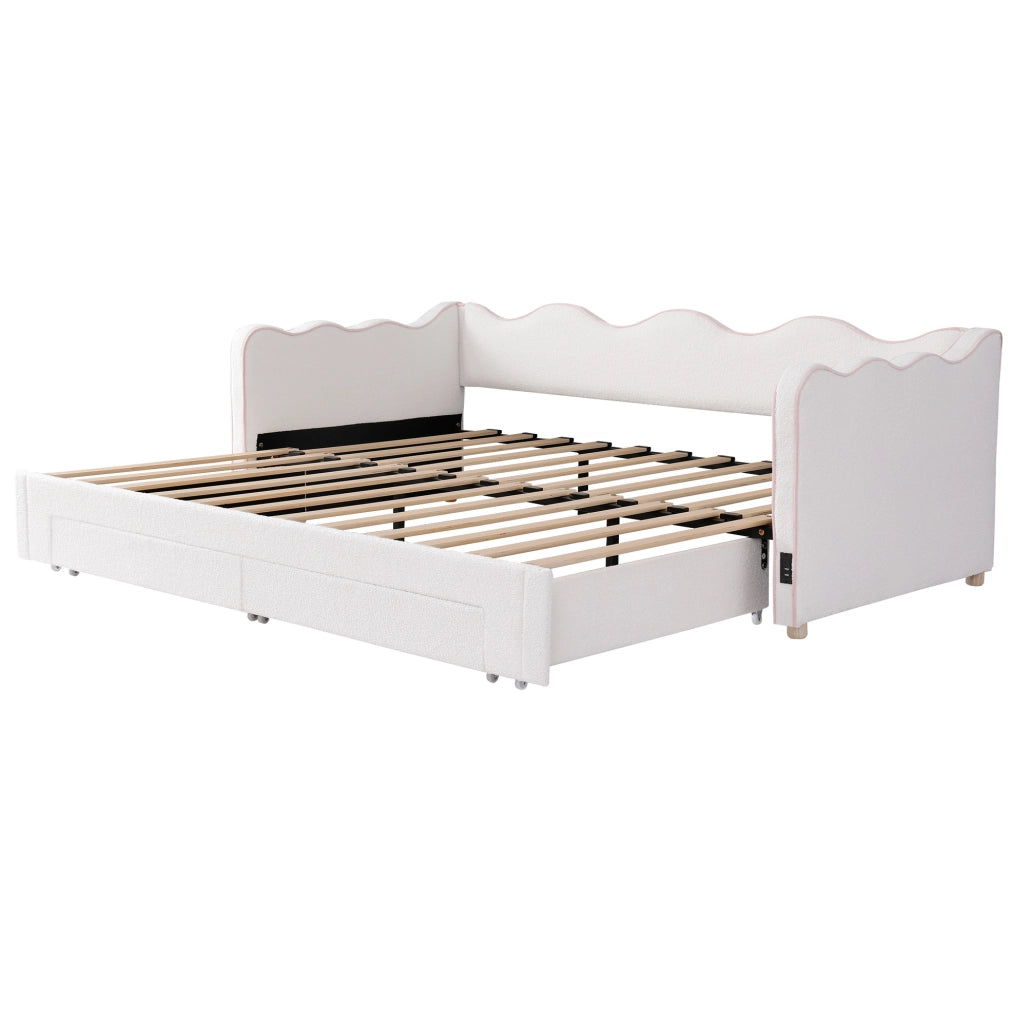 Letto da giorno estraibile 90 × 200 cm; estensibile a 180 × 200 cm; bouclé beige con USB e Type-C