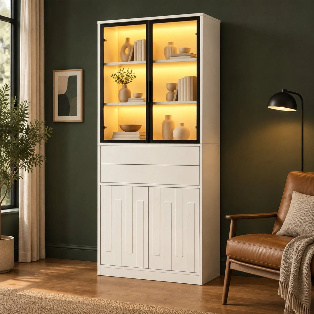 Vetrina alta 70x34x180 cm con LED Bluetooth; 4 ante e 2 cassetti in truciolare bianco