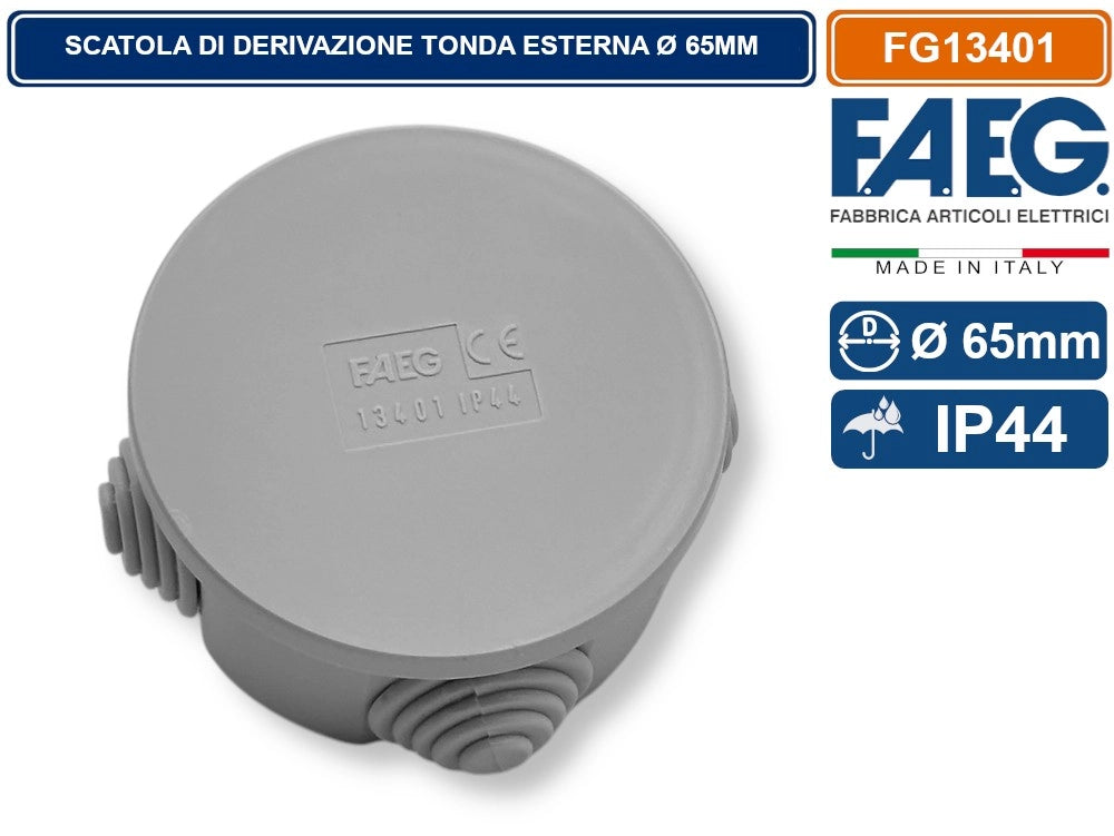 SCATOLA STAGNA DI DERIVAZIONE CON COPERCHIO A PRESSIONE TONDA Ø65X35MM CON 4 PASSACAVI IP44 FAEG - FG13401