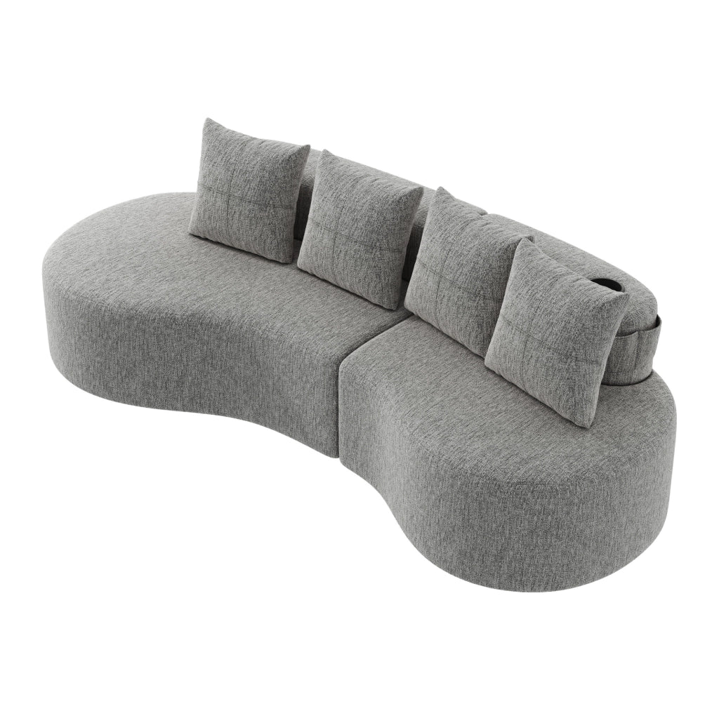 Divano 4 posti 240x109x63 cm in lino grigio chiaro, portabicchieri e tasche