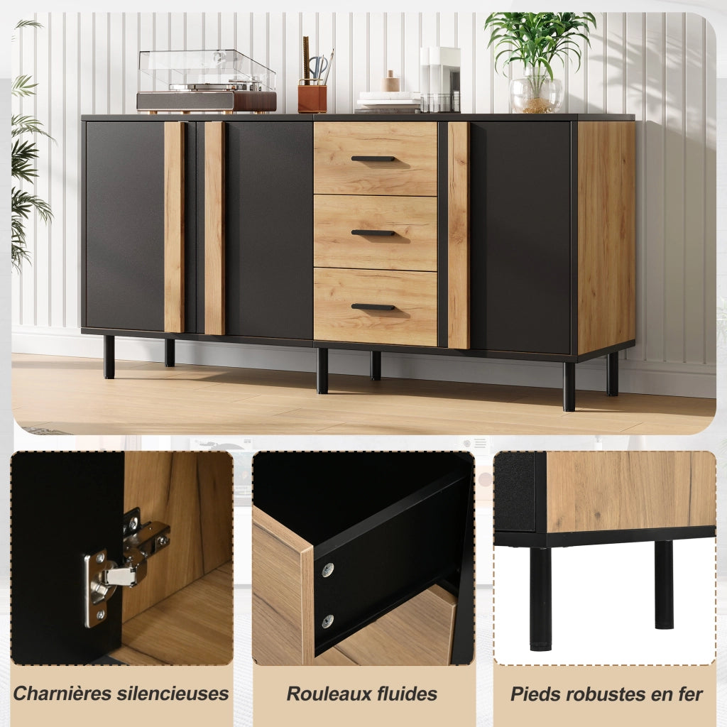 Credenza 140 × 35 × 70 cm con 3 ante e 3 cassetti in MDF nero e effetto legno con 6 gambe in metallo moderne