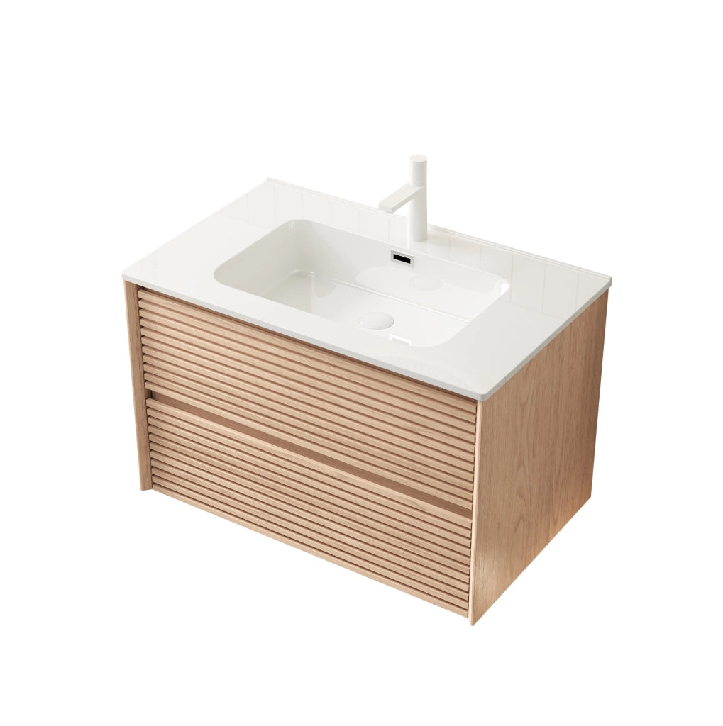 Mobile lavabo bagno sospeso 81 cm ceramica bianca e compensato noce, 2 cassetti