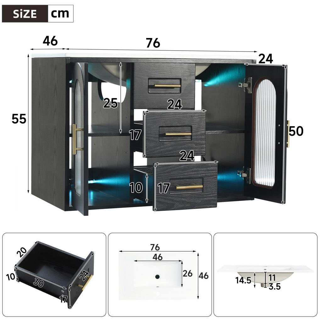 Mobile bagno sospeso 76 cm con lavabo in ceramica, finitura effetto legno nero, ante in vetro scanalato, illuminazione LED integrata