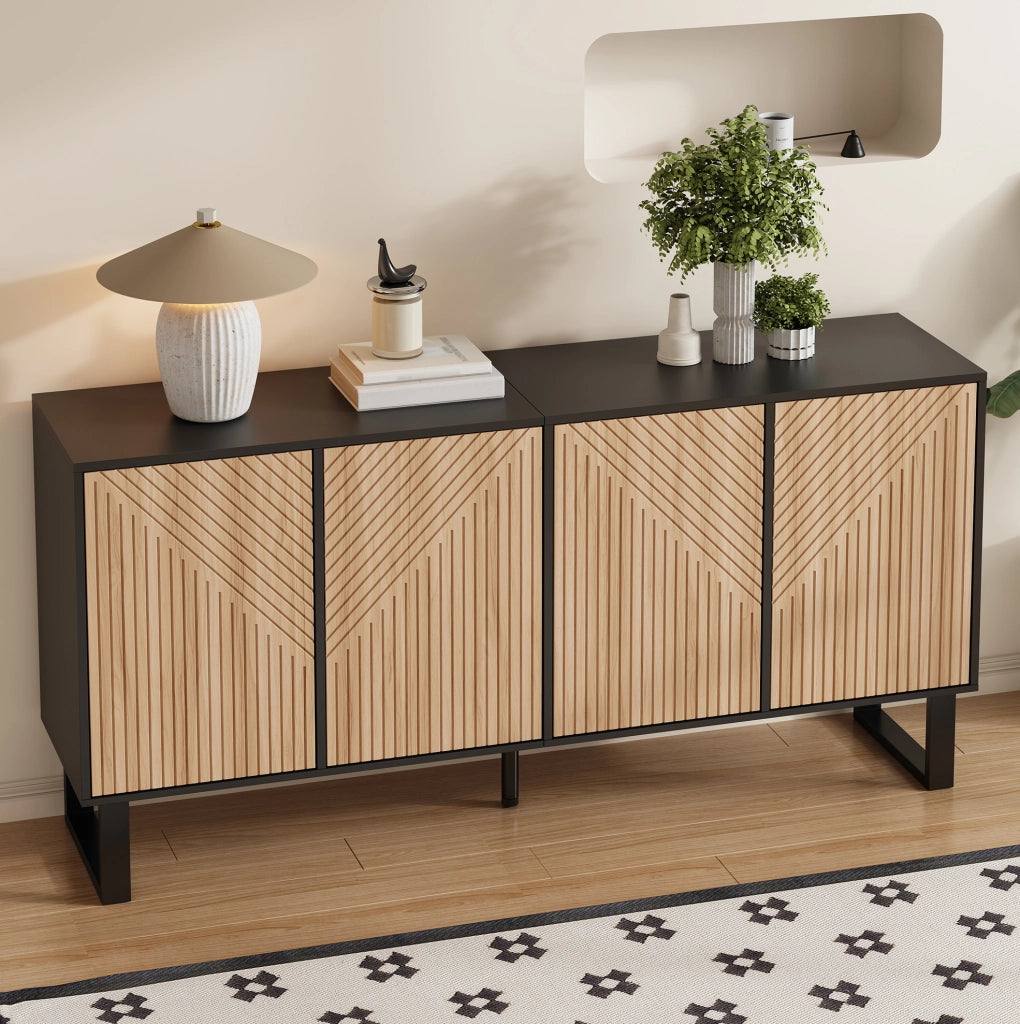 Mobile TV 160x38x75 cm in PB e MDF nero e naturale con ampio spazio contenitore