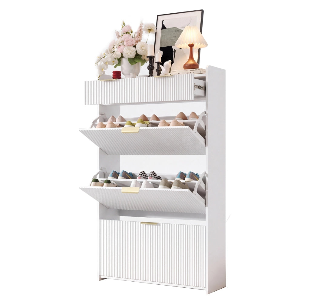 Scarpiera stretta bianca con 3 vani a ribalta e 2 cassetti, 80 x 25 x 135 cm