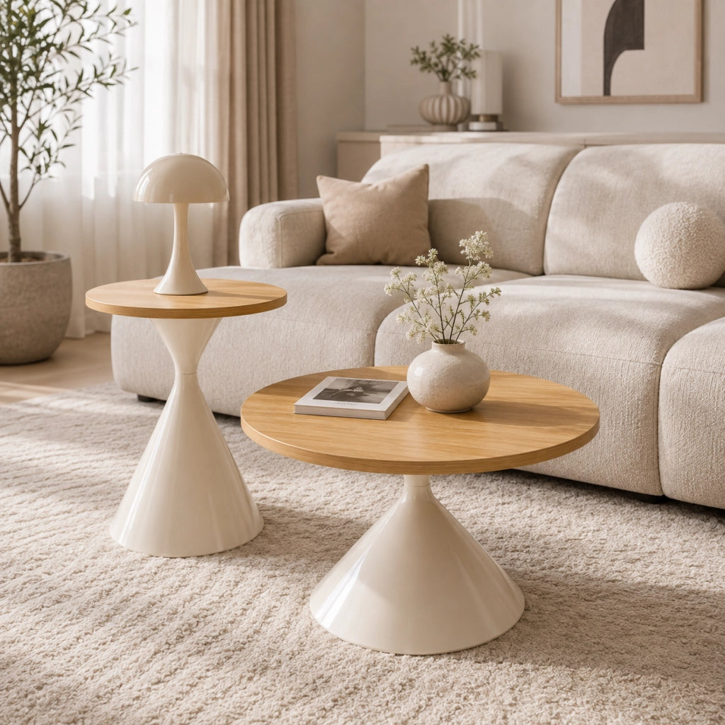 Tavolini da salotto set di 2 rotondi Ø 70 × 40 cm e Ø 50 × 55 cm in MDF e metallo bianco effetto legno