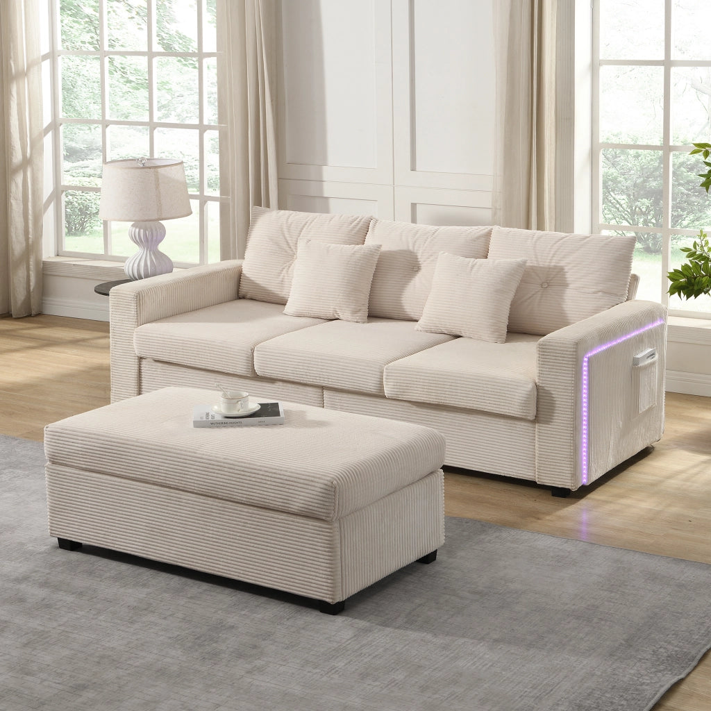 Divano 3 posti con pouf 98x51 cm e LED controllabili tramite app; modulare a L; velluto a coste beige