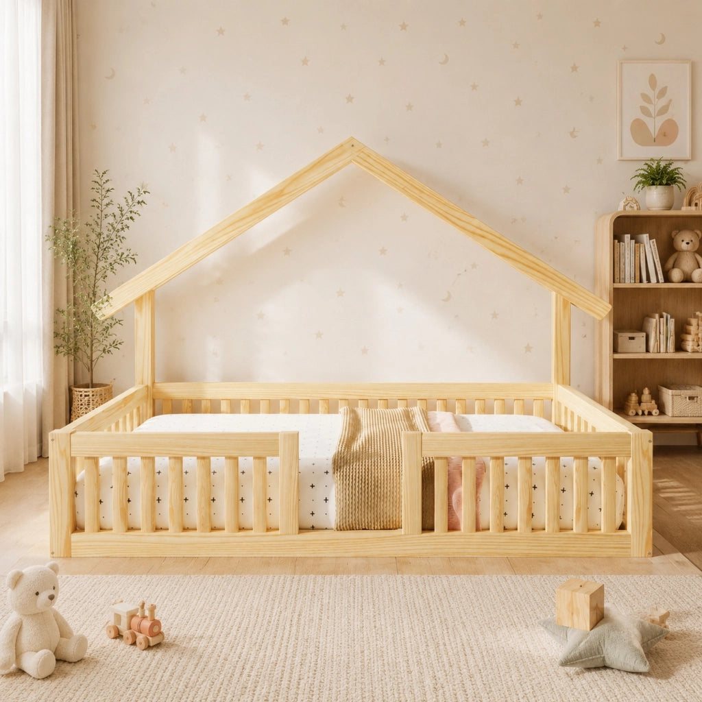 Letto a casetta per bambini 90x200 cm; con sponda di sicurezza e luci LED; in legno; naturale; senza materasso