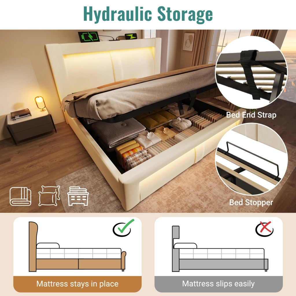 Letto contenitore 160 ¡Á 200 cm con LED e porte USB Type-C rivestito in velluto grigio