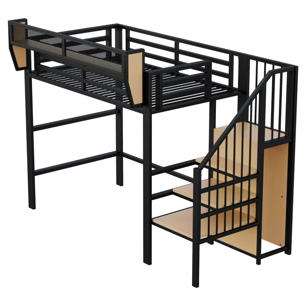 Letto a soppalco in metallo 90x200 cm con scala di sicurezza e ripiano modulabile, colore nero