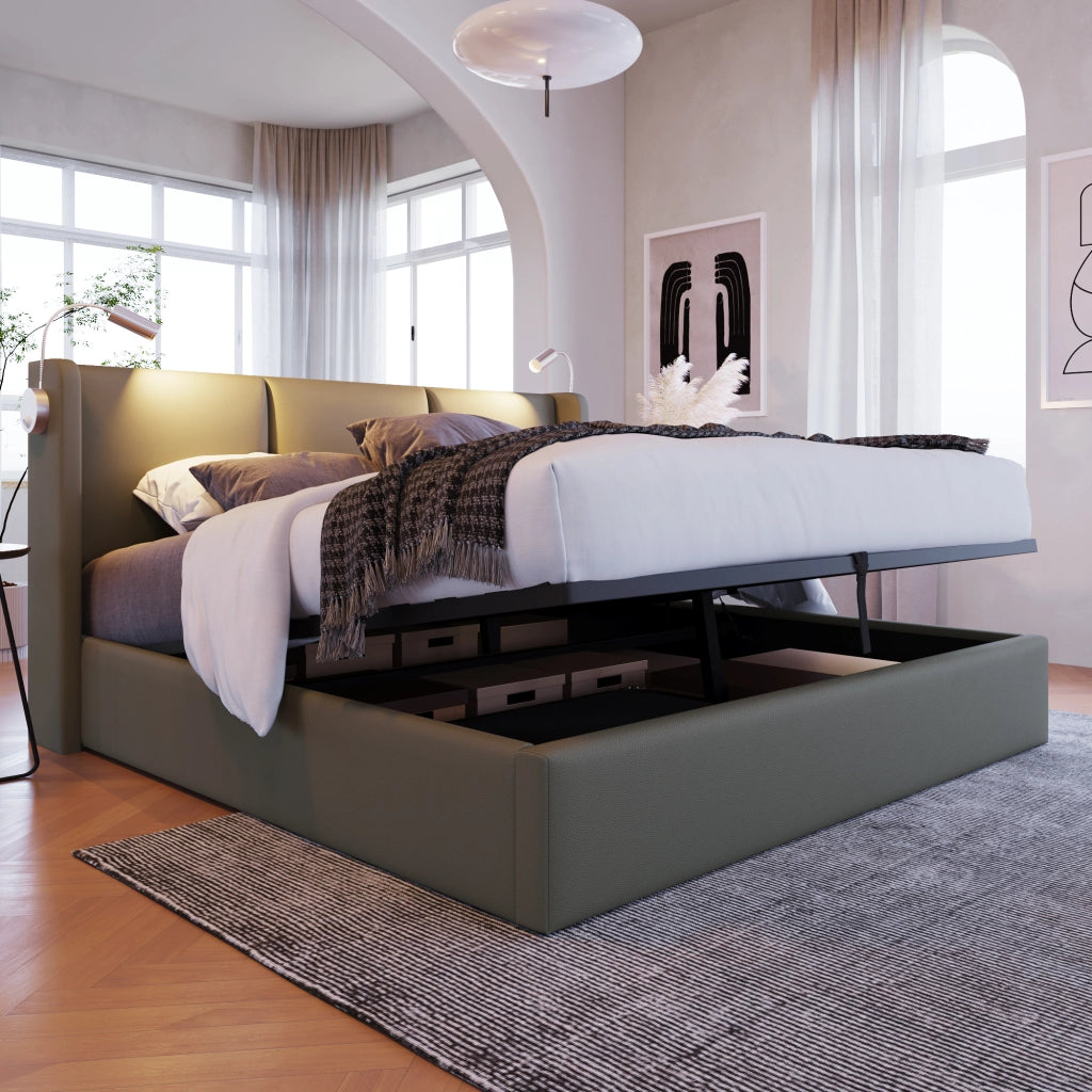 Letto matrimoniale 180x200 cm contenitore con apertura idraulica, ecopelle PU grigia e lampade da lettura