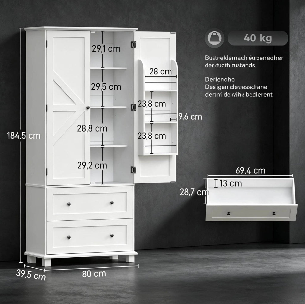 Credenza da cucina bianca con ripiani regolabili e vani portaoggetti