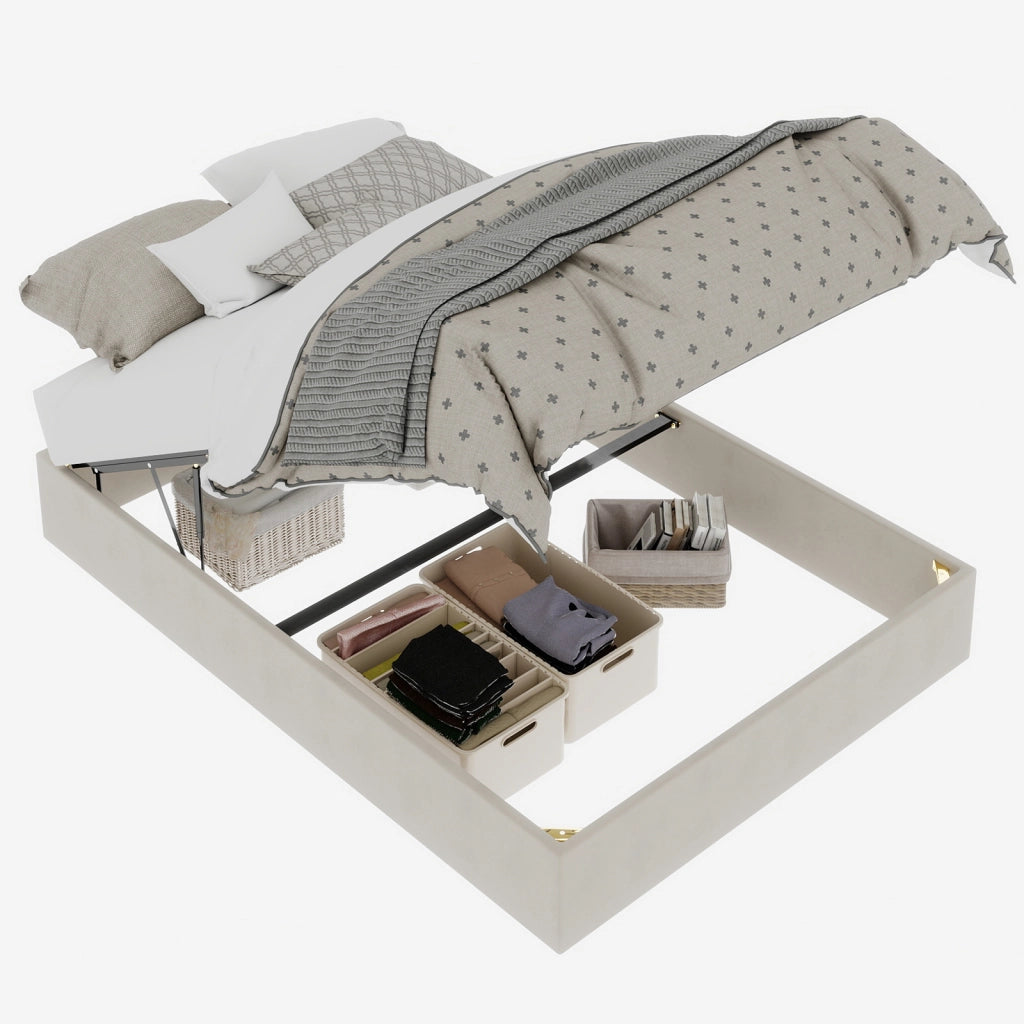 Letto 140 x 200 cm, Struttura Letto con Pistoni a Gas in Tessuto di Colore Beige