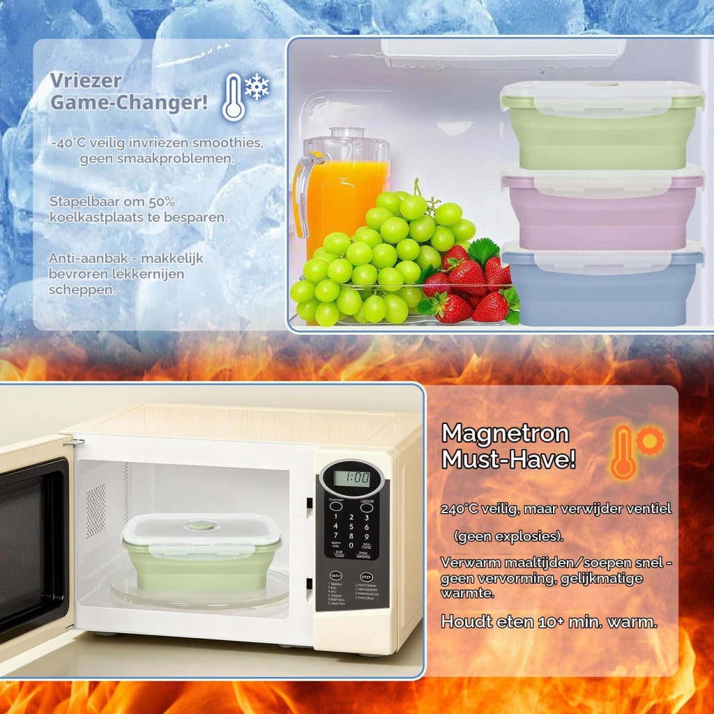 Set di 2 contenitori pieghevoli per alimenti, capacità 550 ml, in silicone, stile bento, colore verde e rosa