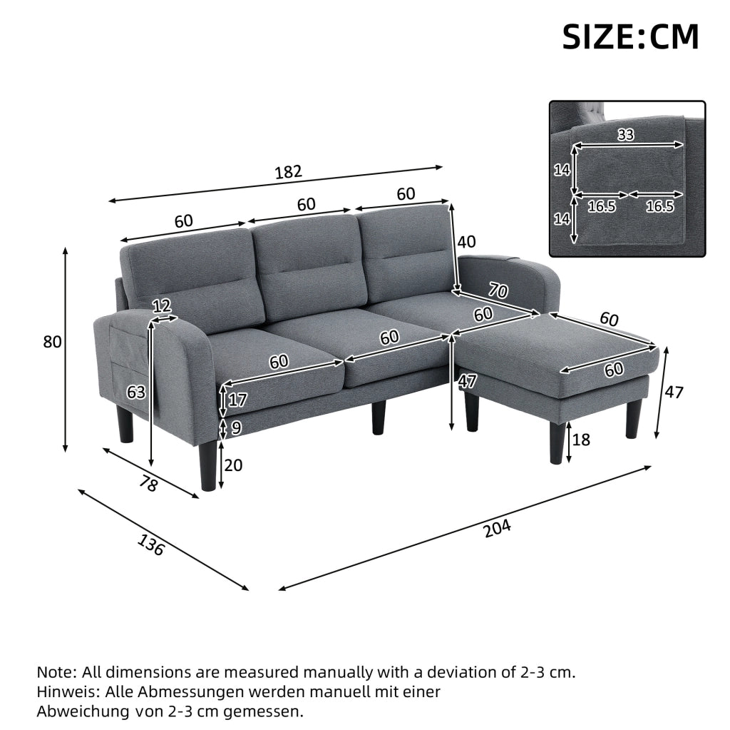 Divano angolare modulare 3 posti con chaise longue 204x136x80 cm; grigio