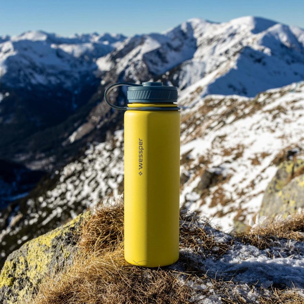 Borraccia termica da 700 ml, in acciaio inossidabile, con tre tappi, colore giallo