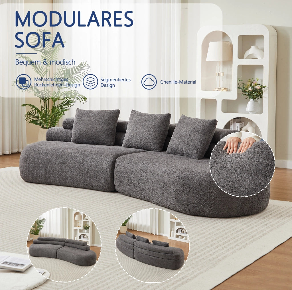 Divano modulare curvo in ciniglia grigio antracite, 3 moduli