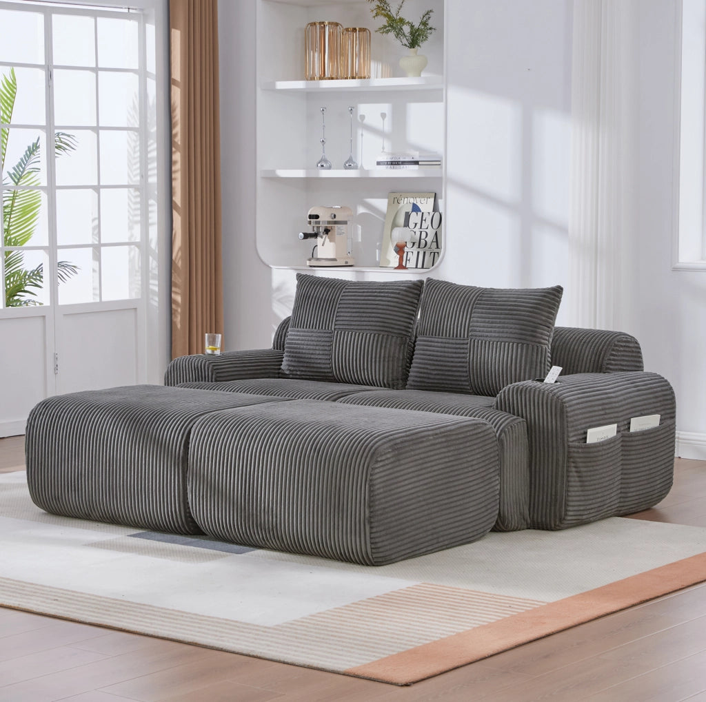 Divano modulare 2 posti IVMEU 200x174x80 cm in velluto a coste grigio scuro, con portabicchieri e tasca laterale