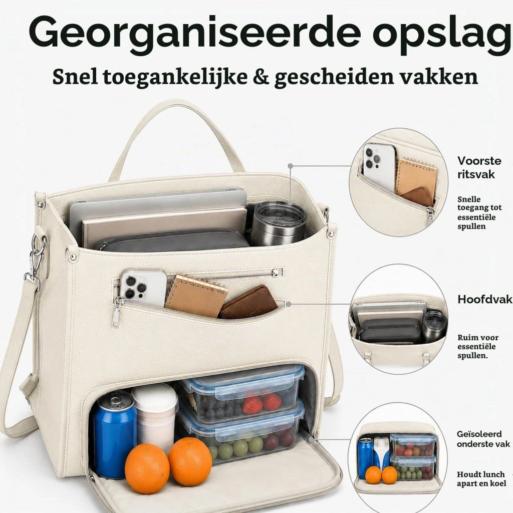 Borsa da pranzo con scomparto termico, tasca per laptop, impermeabile, bianca