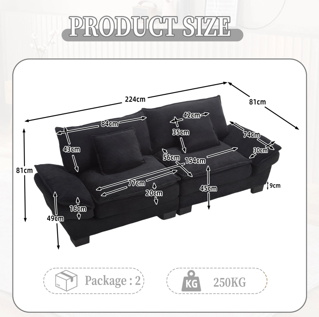 Divano a 2 posti 224x81x81 cm in velluto nero con braccioli, per soggiorno e ufficio