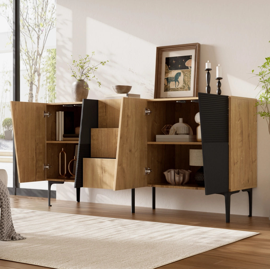 Credenza con 4 ante e 3 cassetti, effetto legno naturale e nero