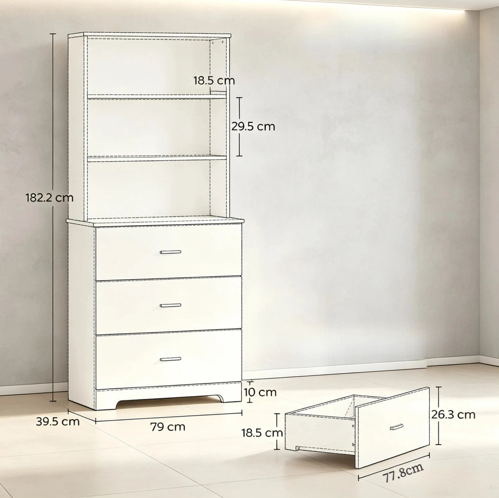 Libreria bianca con 3 ripiani aperti e 3 cassetti