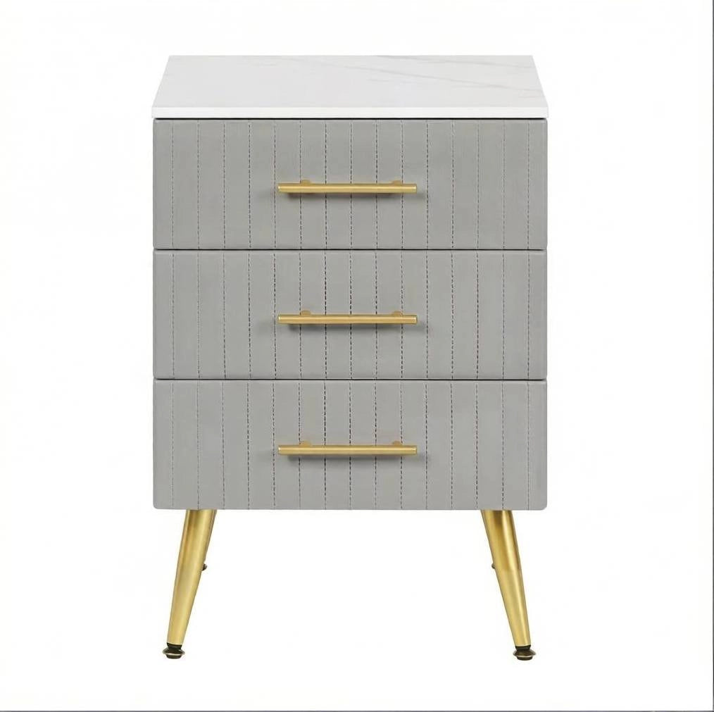 Comodino grigio con 3 cassetti in MDF, velluto e metallo, tavolino laterale 40,5x62x41 cm