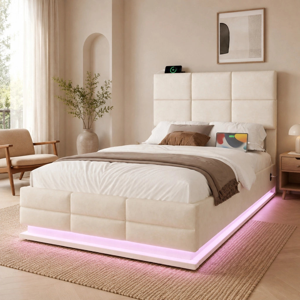 Letto singolo imbottito IVMEU 90x200 cm con contenitore, testiera regolabile, LED e porte USB, velluto beige