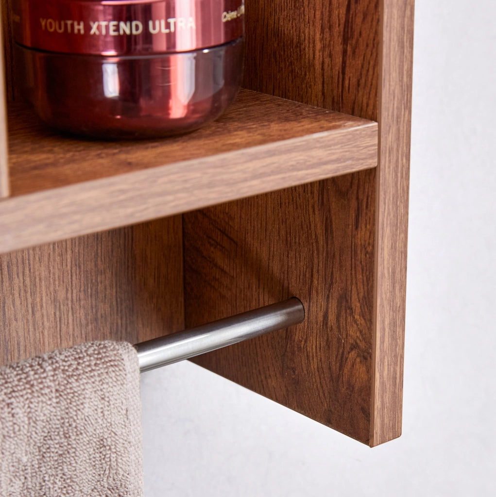 Armadio bagno a parete color noce in MDF con specchio e ripiani aperti