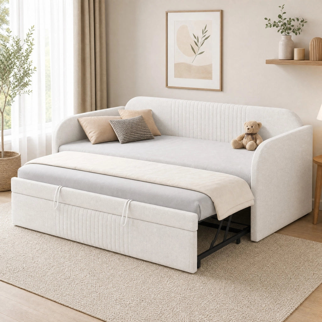 Divano letto imbottito estensibile 90/180 x 190 cm in lino beige, con rete a doghe