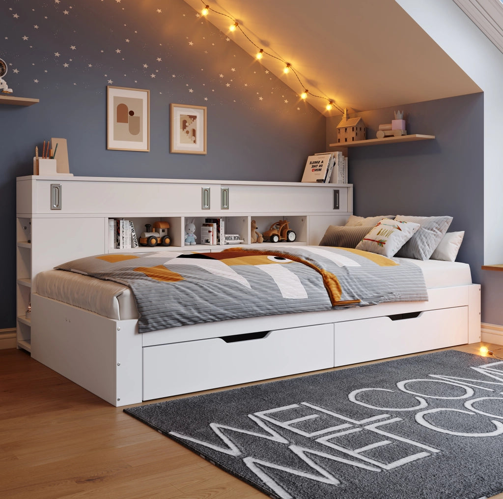 Letto singolo multifunzione 90 × 190 cm con 2 cassetti e armadietti; MDF bianco