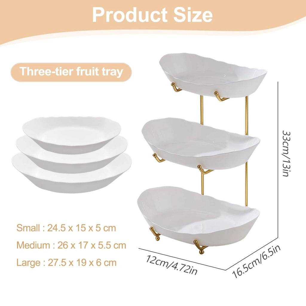 Ciotola per frutta a 3 piani, struttura in metallo, contenitori in plastica bianca, dimensioni 24,5–27,5 cm