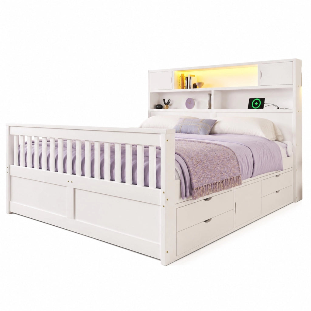 Letto con cassetti 160 × 200 cm con quattro cassetti; testiera libreria LED in MDF e compensato bianco