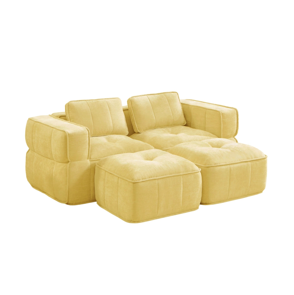 Divano modulare in poliestere giallo con pouf, 198 × 162 cm
