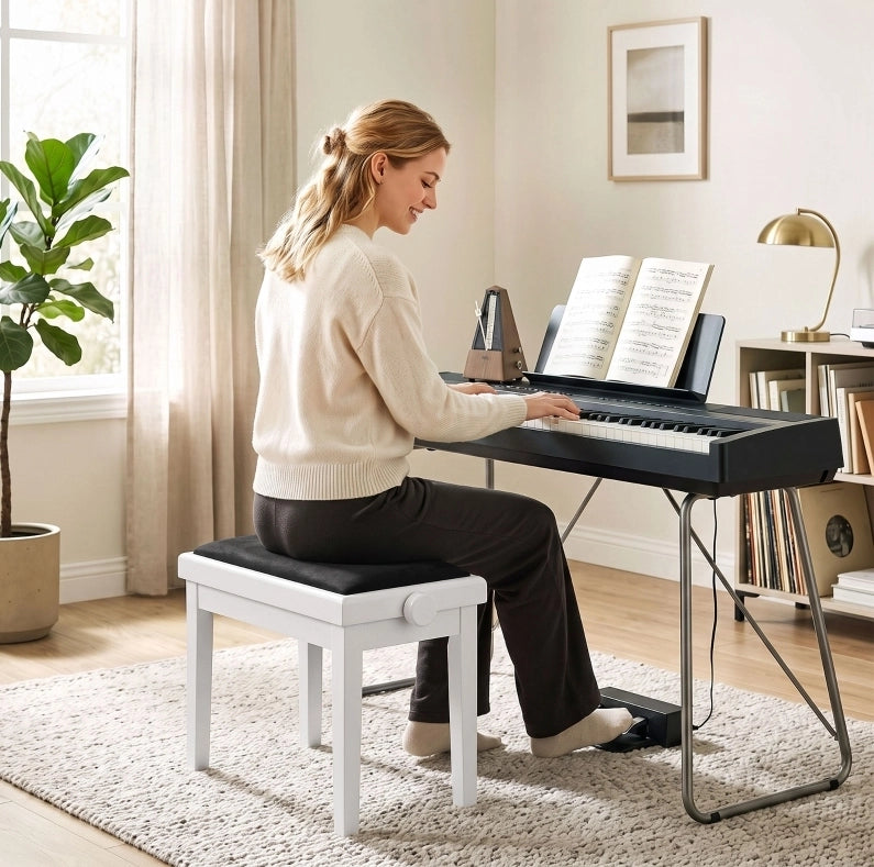 Panca per pianoforte regolabile in altezza con seduta imbottita, bianca