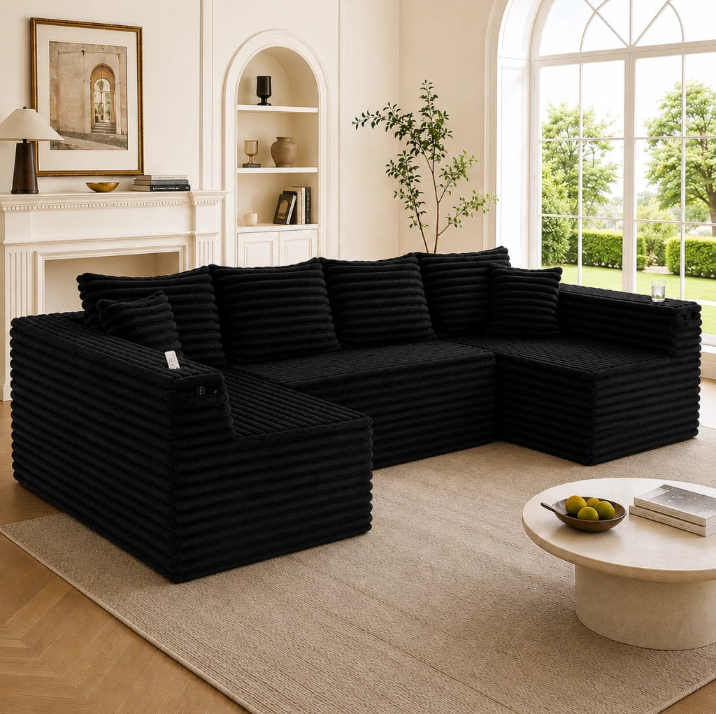 Divano modulare a U 320x155x88 cm in tessuto nero con portabicchieri