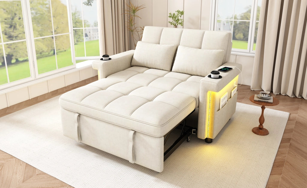 Divano letto 2 posti in ciniglia beige con LED, USB e schienale regolabile