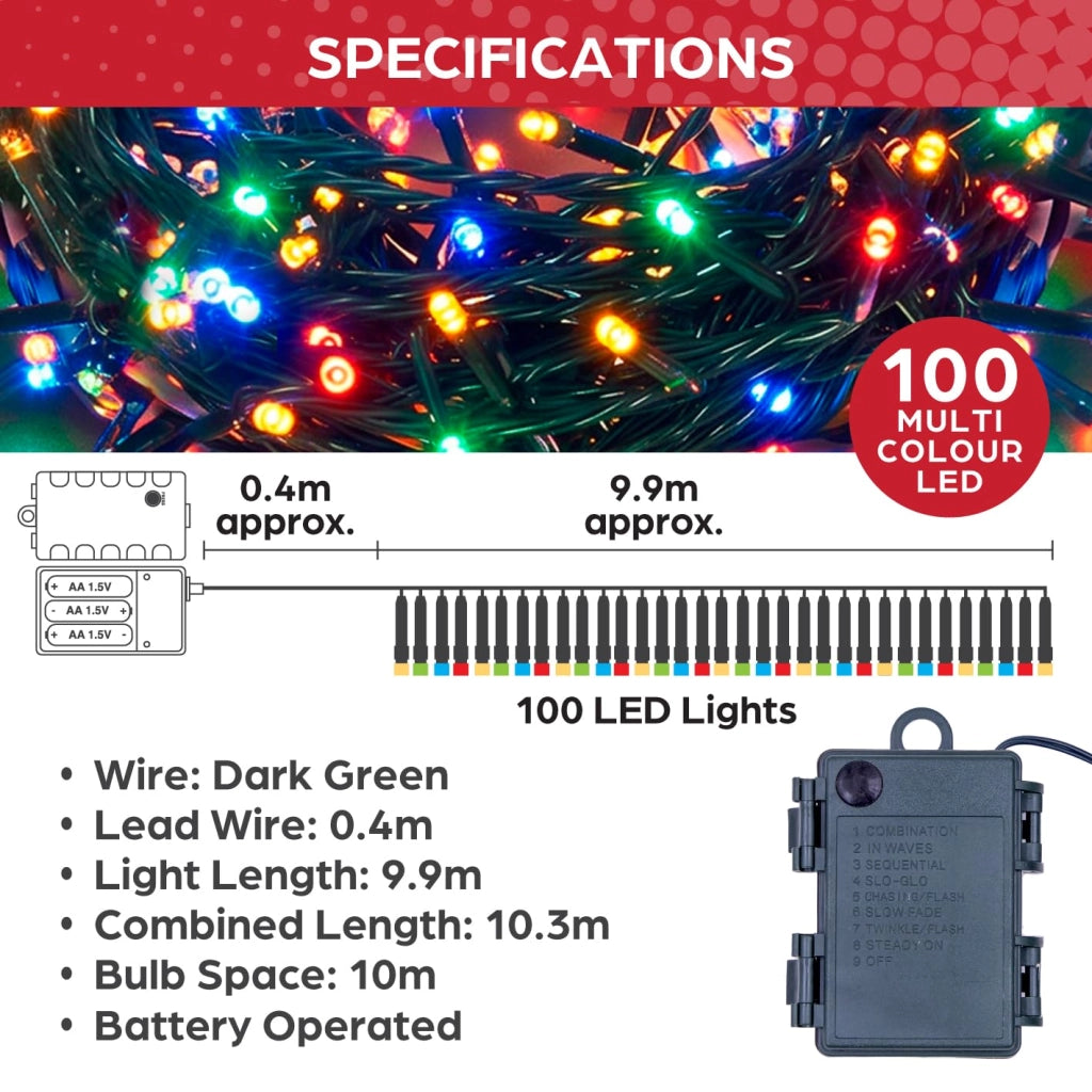 Catena luminosa a LED, 100 LED, 9,9 metri, alimentata a batteria, 8 modalità