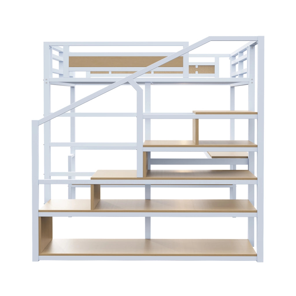 Letto a soppalco 140 × 200 cm in metallo bianco con scala contenitore scrivania ripiani e sponde di sicurezza