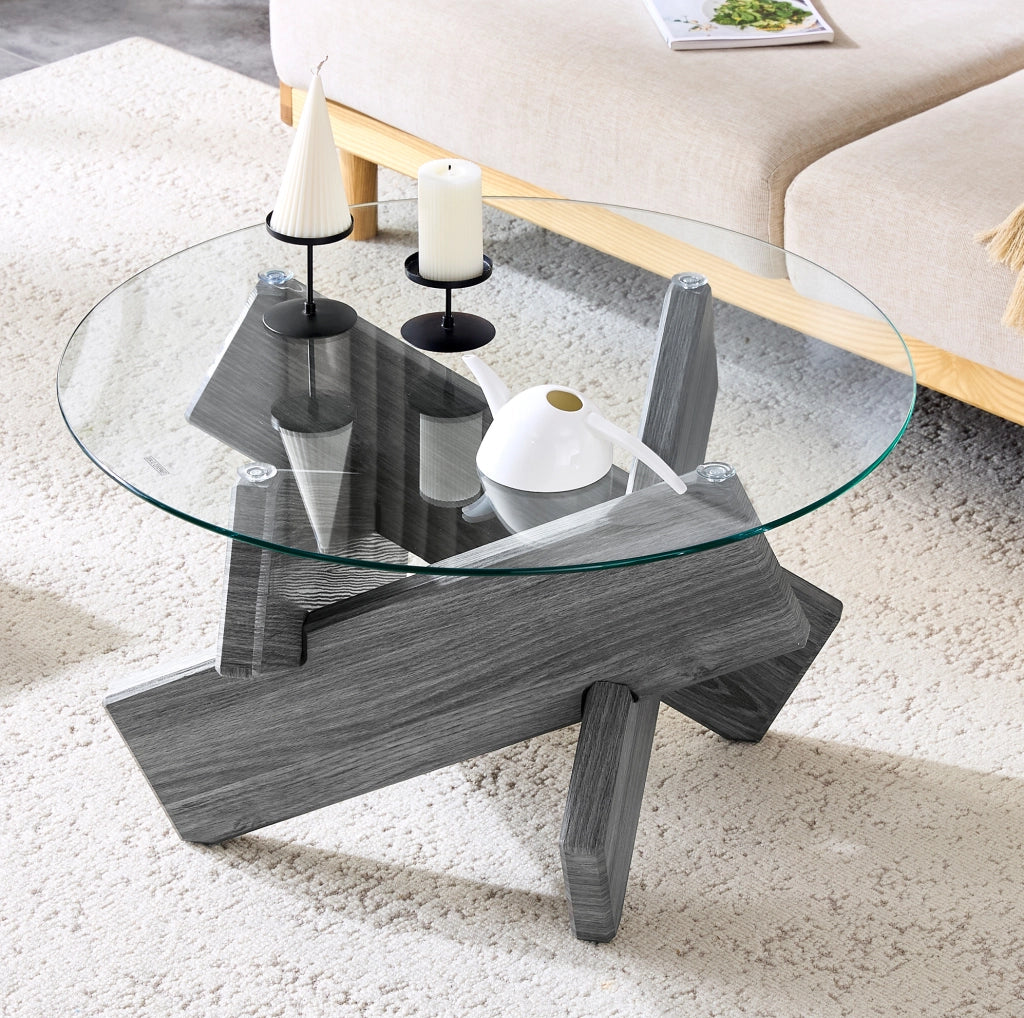 Tavolino rotondo 79 cm in MDF grigio e vetro trasparente, design incrociato