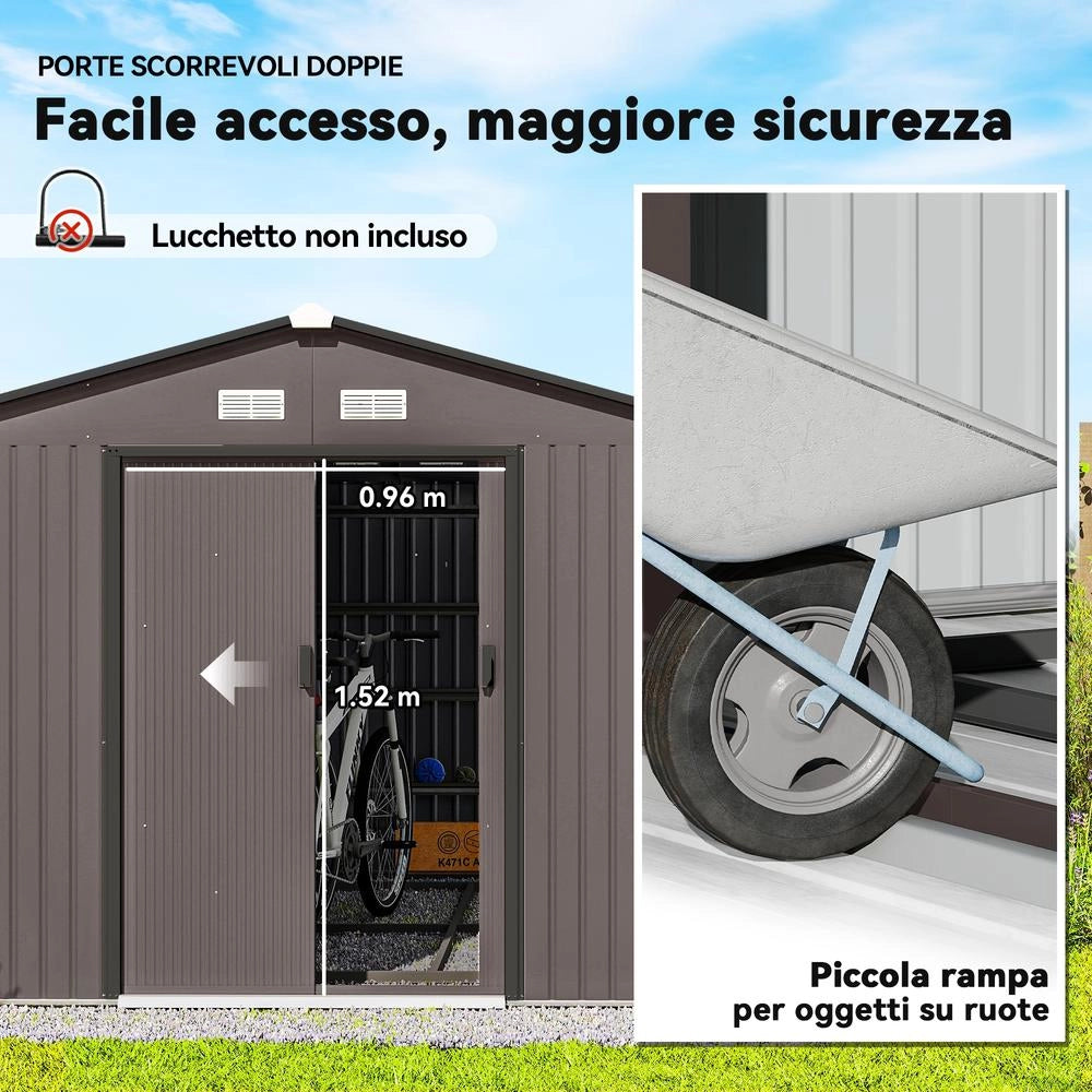 Casetta da Giardino in Acciaio Zincato Marrone 322x277x192 cm Capanno Porta Attrezzi con 2 Porte Scorrevoli e 4 Prese d'Aria
